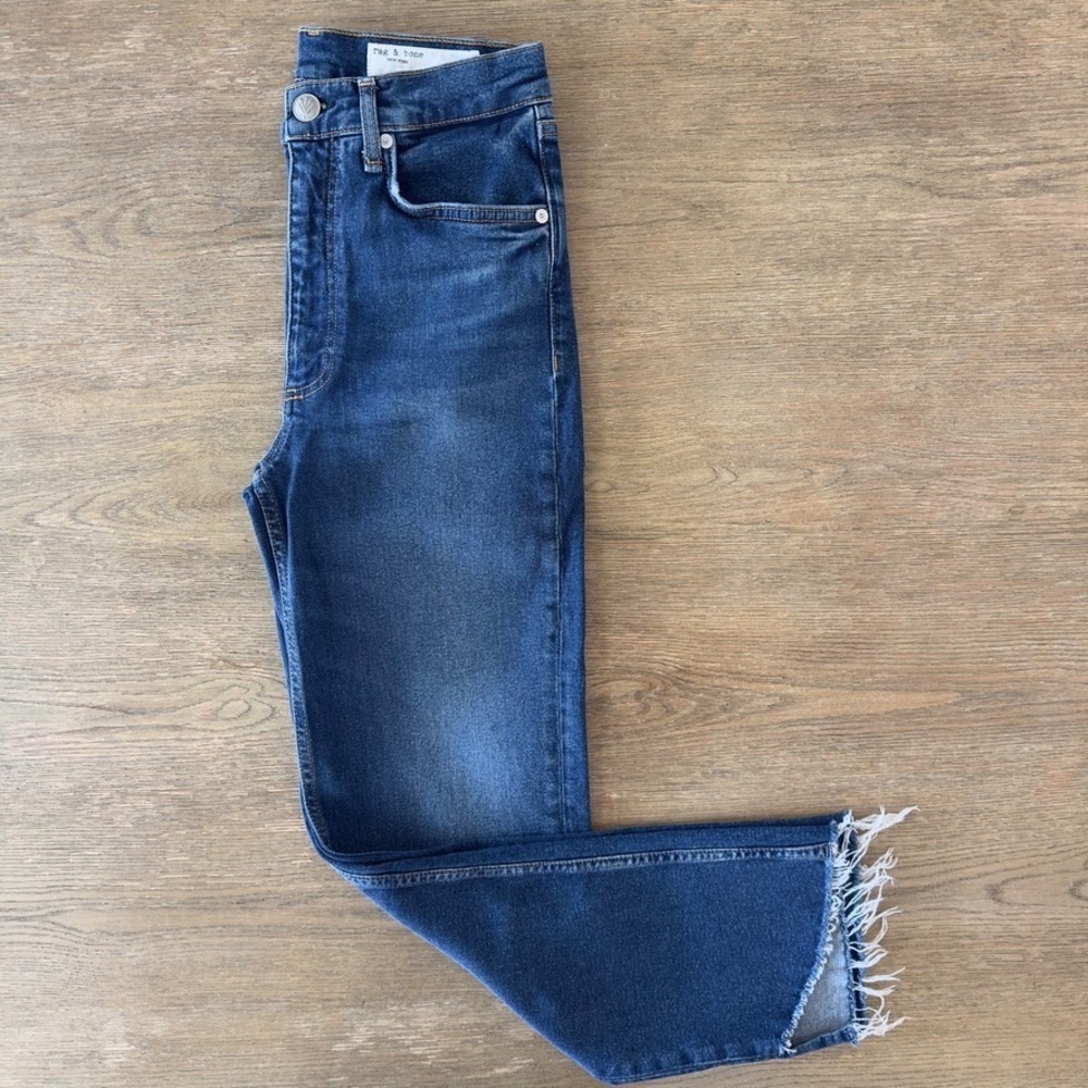 Rag and Bone Harlow Mid Rise Straight Leg Denim Jeans-Marine Wash-Raw Hem-Sze 27